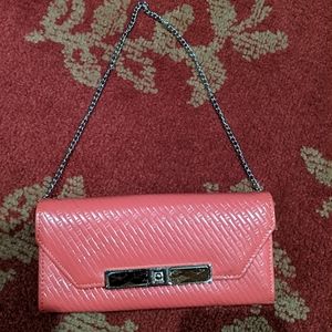 Women's Hot Pink Clutch Handbag Wallet Coins Chain Metal Purse NEW Without Tag